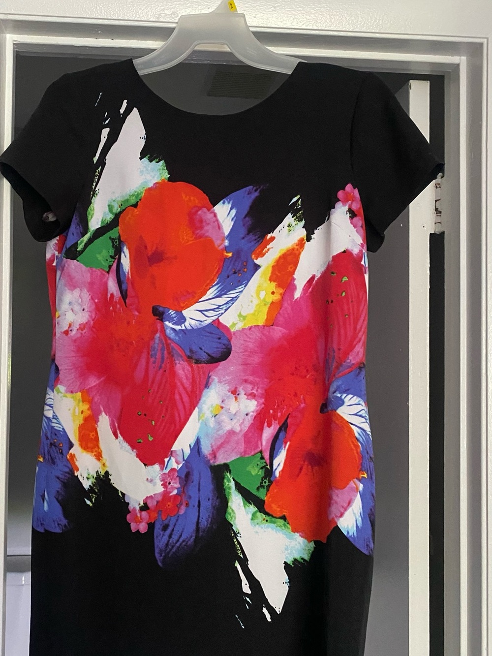 Voir Voir Black Dress with Red, Pink & Blue Floral Print